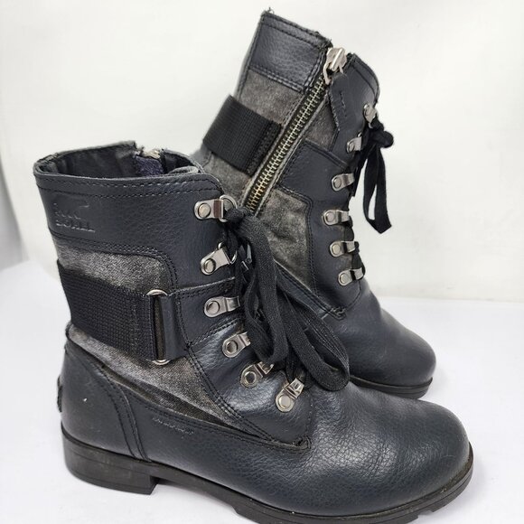 Sorel Emilie Conquest Waterproof Leather Side zip Boots Womens Sz 5 Black - Picture 1 of 12